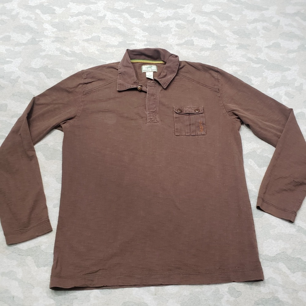 Horny Toad Polo Shirt Mens Large Brown Pockets Long Sleeve